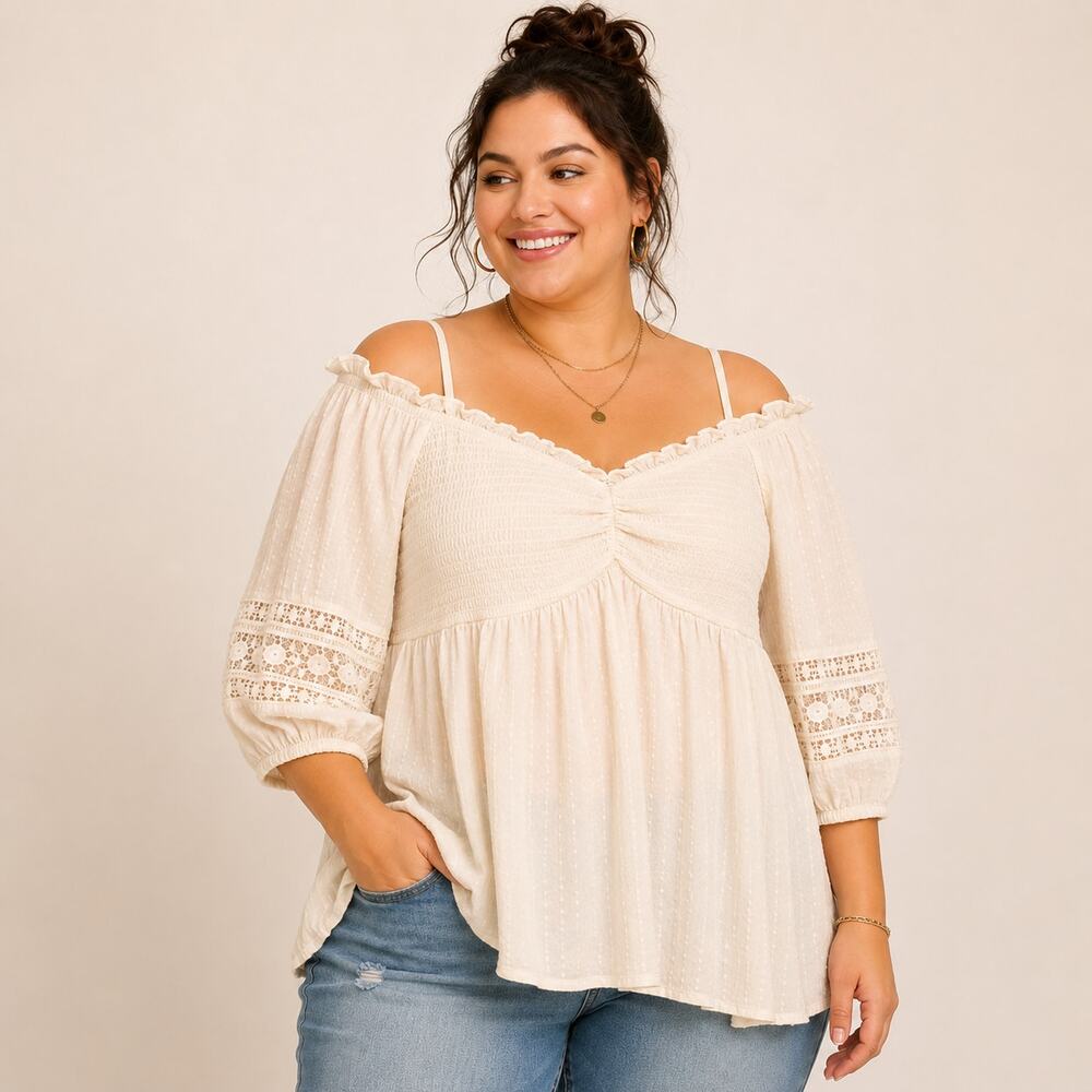 Torrid 1X Ivory Clip Dot Peasant Top Off Shoulder Boho Lace Sleeve Blouse Plus